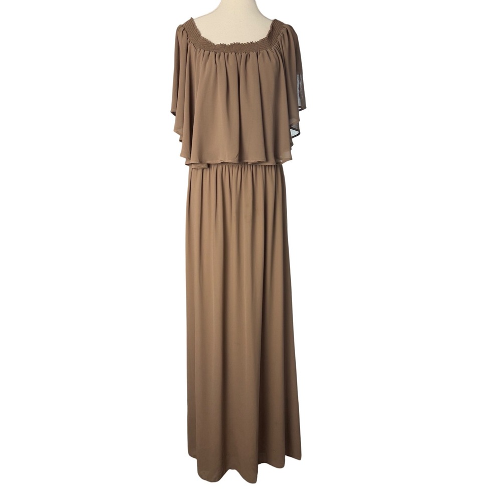 Show Me Your Mumu 2X Brown Smocked Off Shoulder Ruffle Maxi Hacienda Dress Taupe